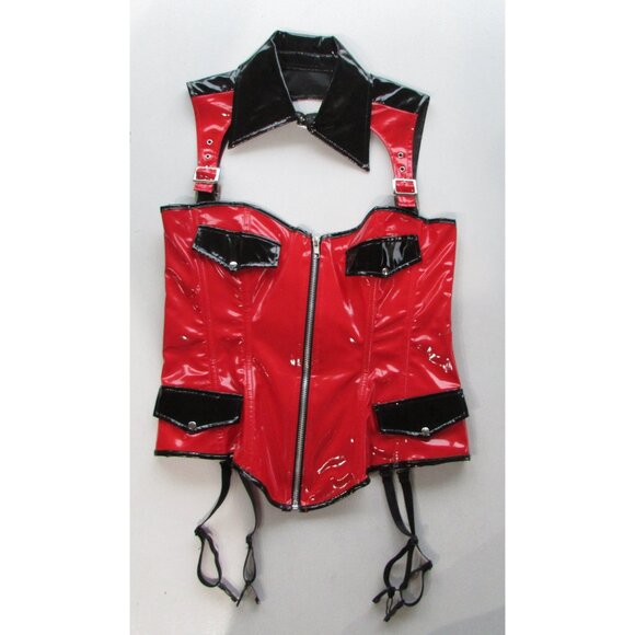 Red Black Shiny Vinyl Collared Corset - S/M - NEW - Picture 2 of 8